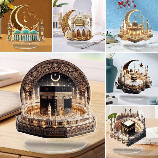 DAMAI Ramadan Moon Star Castle Acrylic Tabletop 2D Eid Mubarak Shiny Gold Desktop Ornament Islamic Muslim Table Decoration