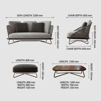 Table basse en rotin tressé avec ottoman en osier et base en teck, coussin gris nordique, OEM disponible, ensemble de canapé d'extérieur minimaliste