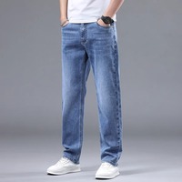 Jean en denim bleu haut de gamme pour homme, coupe droite, taille mi-haute, nouvelle collection automne, délavage moyen, extensible, décontracté, avec boutons sur le devant