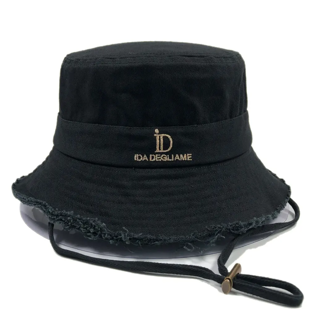 Gorras de pescador negras de alta calidad populares OEM con correa logotipo bordado dorado personalizado sombrero de cubo desgastado