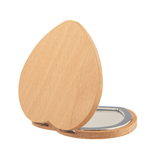 Miroir de poche compact en bois de hêtre naturel écologique en forme de cœur 75x75 mm, cadre en métal argenté, double face, verre HD - Product Image 4