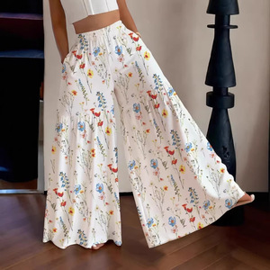 Pantalon droit décontracté pour femme, taille haute, ample, à taille élastique, fin, à jambe large, élégant, amincissant, polyvalent, motif floral féerique, Été 2026 - Product Image 4