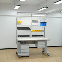 Table de travail ESD modulaire électrique réglable, banc antistatique extensible avec panneau perforé, tiroir, armoire et éclairage LED