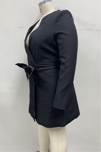 Blazer <span class=keywords><strong>noir</strong></span> pour femme à col en V, manches longues, avec <span class=keywords><strong>ceinture</strong></span> à grand nœud, coupe ajustée, <span class=keywords><strong>court</strong></span>, avec poches - Product Image 3