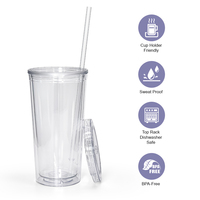 Vente en gros de gobelets à double paroi en plastique transparent sans BPA de 12 oz, 16 oz et 24 oz, pour jus, eau, thé, café, avec paille et couvercles