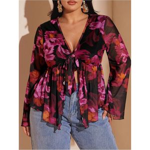 Blusa de primavera para mujer, talla grande, estilo bohemio, con estampado floral, malla, manga acampanada, volantes, lazo frontal y cuello en V con peplum - Product Image 4