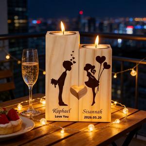 Ensemble de 2 bougeoirs carrés en bois gravés au laser, supports pour bougies chauffe-plat assortis, pour couples, anniversaire romantique - Product Image 2