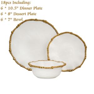 Servizio di <span class=keywords><strong>Piatti</strong></span> da 18 Pezzi Artigianale in Ceramica Bianca <span class=keywords><strong>e</strong></span> <span class=keywords><strong>Oro</strong></span>, Stoviglie Senza BPA con Bordo Dorato a Perline, <span class=keywords><strong>Piatti</strong></span> Piani <span class=keywords><strong>e</strong></span> Ciotole - Product Image 2