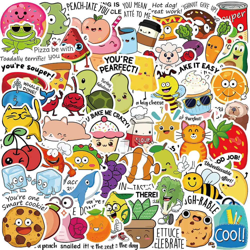50Pcs Funny Cartoon Reward Decorative Stickers For Kid Book Water Cup Wall Waterproof Vinyl Animal Fruit Sticker