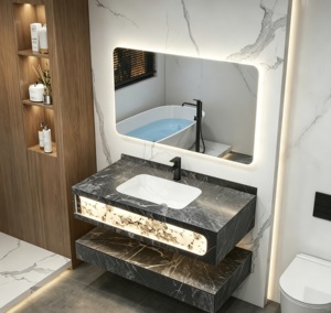 Lussuoso Set Moderno per Bagno con Lavabo Sospeso in Pietra Sinterizzata Calacatta Bianca, Texture Ruvida, LED e Installazione Sottopiano Senza Giunture - Product Image 2