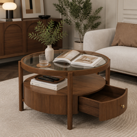 Table basse ronde Japandi avec surface en verre, tiroir de rangement en bois et 4 pieds
