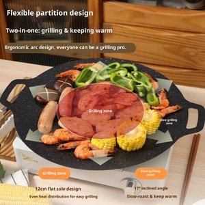 Plaque <span class=keywords><strong>de</strong></span> <span class=keywords><strong>cuisson</strong></span> ronde en fonte pour <span class=keywords><strong>barbecue</strong></span> coréen antiadhésive à épaisseur multiple, vente chaude, avec double poignée - Product Image 2