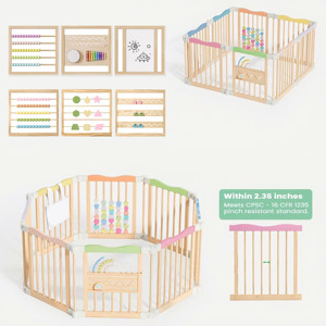Parque Infantil Plegable de Madera Natural Ecológico y Duradero con Panel de Puerta y Juguetes Integrados, Corralito para Niños - Product Image 1