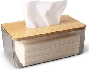 Tissue Box Cover Holder - Minimalist Tissue Holder Square with Bamboo Lid, Clear Grey Dryer Sheet Holder Dispenser for Bathroom