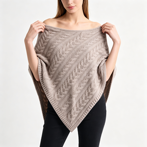 Châle-couverture en tricot torsadé chic et personnalisé pour femme, couleur unie, col rond, style cape triangulaire, idéal pour l'automne et les tenues décontractées - Product Image 2
