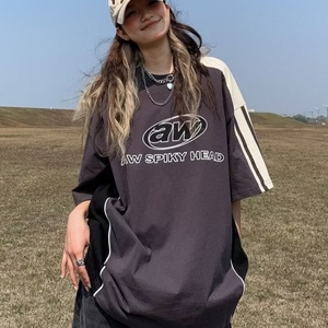 Women's Retro <b>Patchwork</b> Over SizeT-<b>Shirt</b> Summer Casual Loose Street Top Knitted Fabric Short Versatile Contrasting Letter Print - Product Image 2