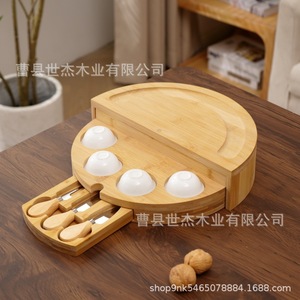 Mu Yujia Bamboo Cheeseboard Set Round Wooden Cheese Board With <b>Knife</b> Fork Steak <b>Bread</b> Solid Wood Plate For Food Serving - Product Image 2