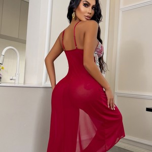 <span class=keywords><strong>Camicia</strong></span> <span class=keywords><strong>da</strong></span> <span class=keywords><strong>Notte</strong></span> Sexy con Ricami Floreali, Sottoveste in Rete con Apertura Laterale Irregolare, Eleganza Romantica in Pizzo Elastico per l'Estate - Product Image 4