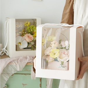 Xách tay Rose Flower hộp với xử <span class=keywords><strong>l</strong></span>ý Hoa Giấy bó hoa bao bì túi quà tặng với cửa sổ PVC trong suốt - Product Image 1