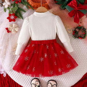 2025 Meisje Kerstoutfit Set Witte Strikken Shirt Met Lange Mouwen + Tutu Rok 2 Stuks Kleding Set - Product Image 3
