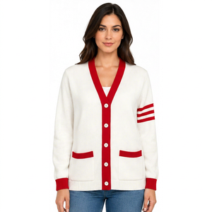 Cardigan en tricot personnalisé pour femme, col en V, boutonné, manches longues, bordure contrastante, style preppy, coupe classique, marque privée - Product Image 1