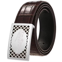 Ceinture en cuir véritable pour homme 3,8 cm, en cuir de vachette grain crocodile, avec boucle à plaque creuse en acier inoxydable, pour affaires et loisirs