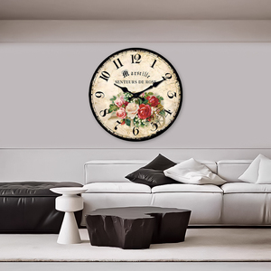 Horloge murale ronde vintage personnalisable sur le thème de la rose de <span class=keywords><strong>Marseille</strong></span> - Design floral de carte pour la décoration intérieure, salon, chambre à coucher - Product Image 4
