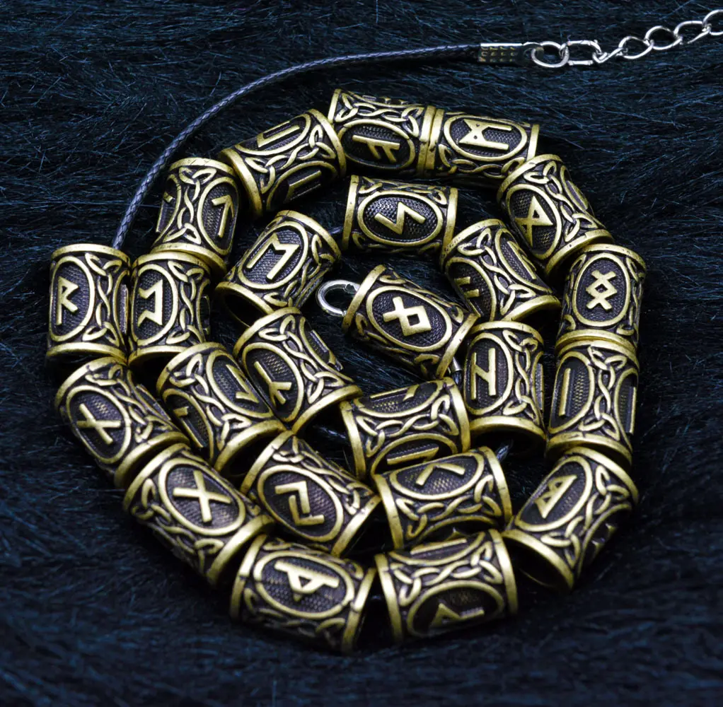 24 adet Norse Viking Runes dağınık boncuklar Diy bilezikler kolye kolye sakal saç aksesuarları DIY Celtic Nordic boncuk