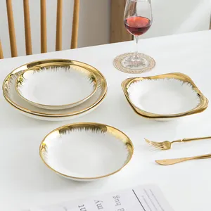 Sang Trọng Chải Vàng Rim 6in 8in 10Inch Gốm Món Ăn Tấm Vuông Súp Tấm Set Đồ Ăn Sứ Vòng Tấm Cho Đám Cưới - Product Image 1