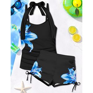 Maillot de bain deux pièces pour femmes, tankini à bretelles avec imprimé floral, short à cordon de serrage, UPF50+, Spandex/Polyester pour 7-18T - Product Image 5