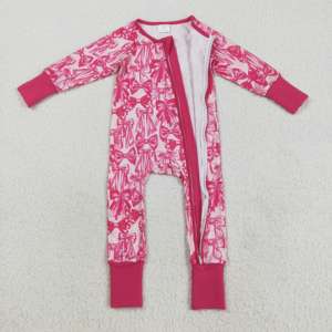 Infant <b>Baby</b> Girl Hot Pink Bows Print Cotton Spandex Long Sleeve Zipper Romper ODM Wholesale Winter Warmth Sleeper Set - Product Image 3