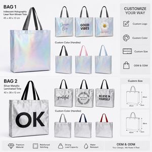 Sac fourre-tout holographique métallisé de taille moyenne, réutilisable, avec poignées en sangle PP pour les courses - Product Image 2
