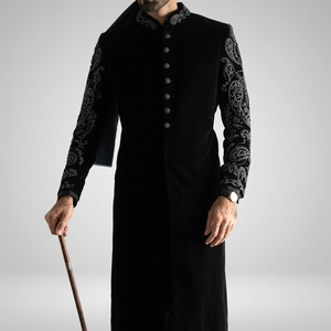 NEW--LATEST DESIGN of ZARI & RESHAM EMBROIDERY WORK on STYLISH BLACK SHERWANI WITH <b>PANT</b> Men's Suits & Blazer>Men's Suits - Product Image 4