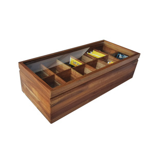 Mingcan Adjustable Flat Chest 12 Compartments Filed Solid Wooden Organizer Tea Bag Box Storage Organizer With Glass Lid
