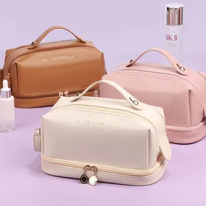 Reise Make-up Zug Kosmetik koffer Tragbare Tasche Wasserdichte zweilagige Make-up-Tasche Doppels chicht Große Make-up-Tasche Organizer PU OEM