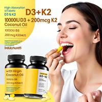Capsules de Vitamine D3+K2 (MK-7) à Haute Absorption avec Huile de Coco Vierge 10000UI D3 200mcg K2 Favorise la Santé des Os et du Cœur pour Adultes