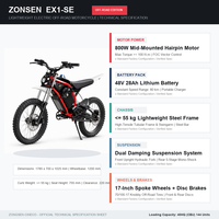 Moto tout-terrain électrique ZONSEN EX1-SE, moteur central 800W, batterie 48V 28Ah, contrôle vectoriel FOC, pneus tout-terrain de 17 pouces