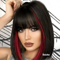 Perruque Femme Rouge Vin à Franges Bob, Fibre Haute Température, Lisse, Douce et Volumineuse, Sans Lacet, Plusieurs Couleurs Disponibles - Offre Spéciale