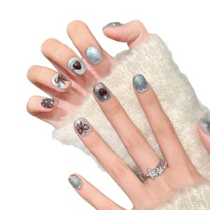 10 Uñas Postizas Hechas a Mano, Color Azul Claro-Marrón con Lazo, Dulces y Vibrantes, Estilo Fantasía, Perfectas para Regalar a Chicas y Amigas - Product Image 5