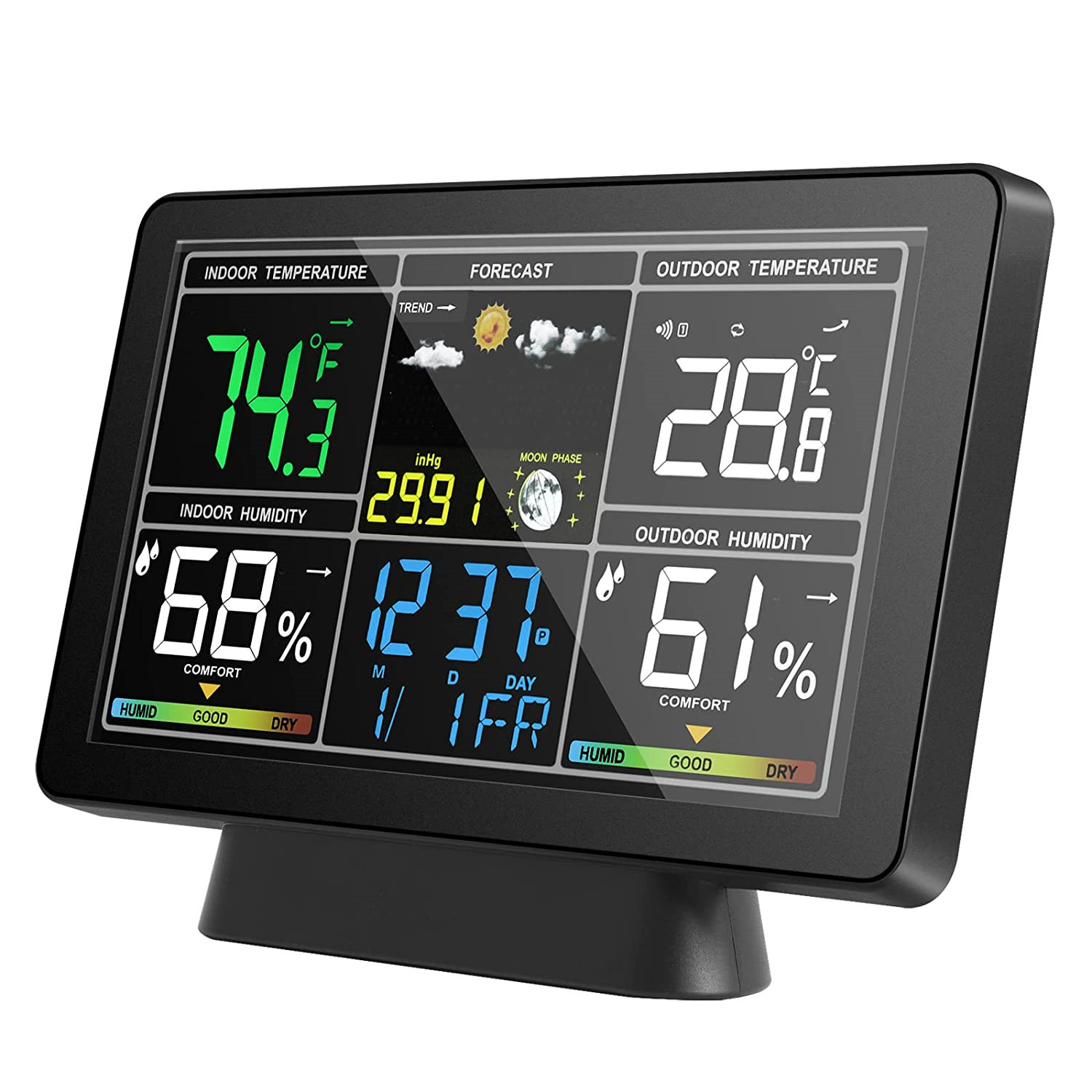 LED Digital Smart Weather Clock Indoor Outdoor Temperature Humidity Forecast Wireless Weather Station