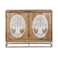 Buffet en bois sculpté à la main avec motif Arbre de Vie, console de rangement en bois massif avec base métallique, luxe pour salon