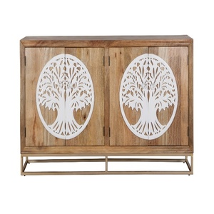 Hand-Carved Wooden <b>Sideboard</b> Cabinet with Tree of Life Design Solid Wood <b>Storage</b> Console with Metal Base Luxury Living Room - Product Image 4