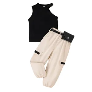 Herbst 2-7 Y zweiteilige stilvolle Langarm One Shoulder Solid Tops Elastic Pants Outfits Kinder Mädchen Sets Kleidung
