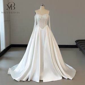 Mily gelin MQD06571 inciler dantel korse kapalı omuz bask bel düğün elbisesi yarık ile - Product Image 1