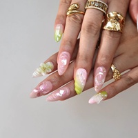 Offre Spéciale – Nouveauté : Faux Ongles en Acrylique à Presser, Forme Amande, Longueur Moyenne, Motif Fleur 3D et Papillon, Dégradé Rose Vert Aurore, 10 Pièces