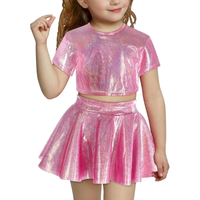 Ensemble haut court à manches courtes métallisé brillant pour filles avec jupe plissée, tenue de danse scintillante pour spectacle sur scène