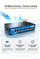 8+2 100M PoE Ethernet Network Switch IP Camera Khusus IEEE802.3af/at Standar 52V2.3A 120W Port Tunggal Daya Maksimum 30W