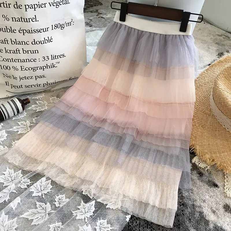 Girls s skirt 2022 summer new elastic waist mesh skirt stitching color cake skirt ethnic clothing