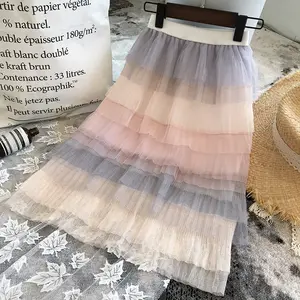 Meisjes S Rok 2022 Zomer Nieuwe Elastische Taille Mesh Rok Stiksels Kleur Taart Rok Etnische Kleding