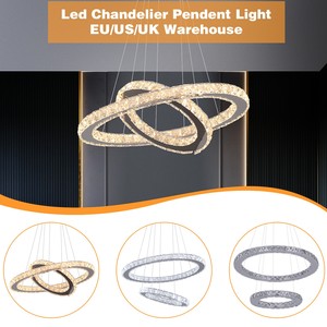 Lustre moderne à LED en cristal et acier inoxydable à 2 anneaux, 3 couleurs, dimmable avec télécommande - Product Image 4
